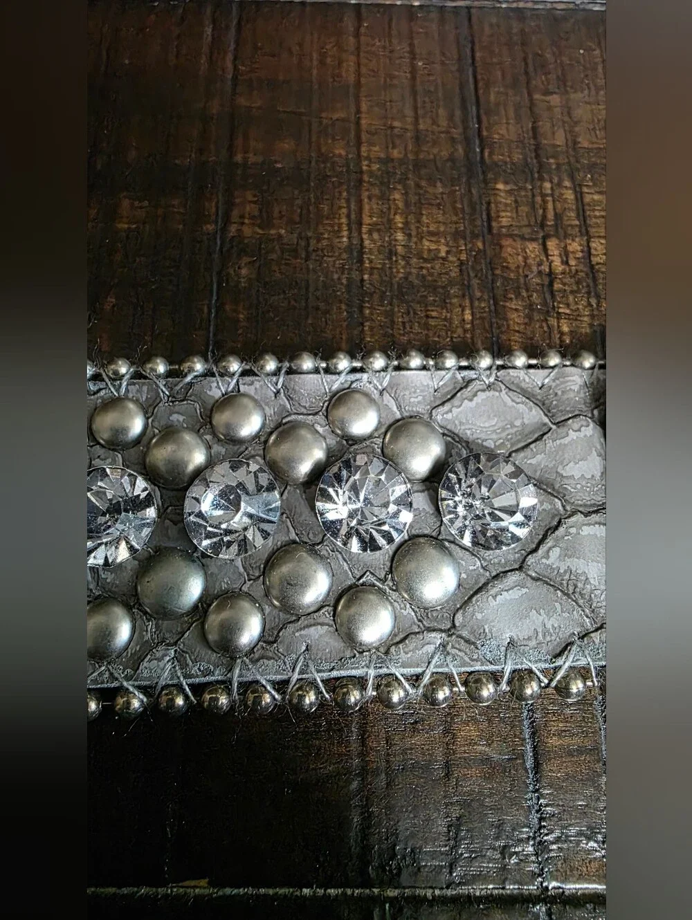 Skull And Rhinestone Studded Snakeskin Belt Grey Blingy 35
